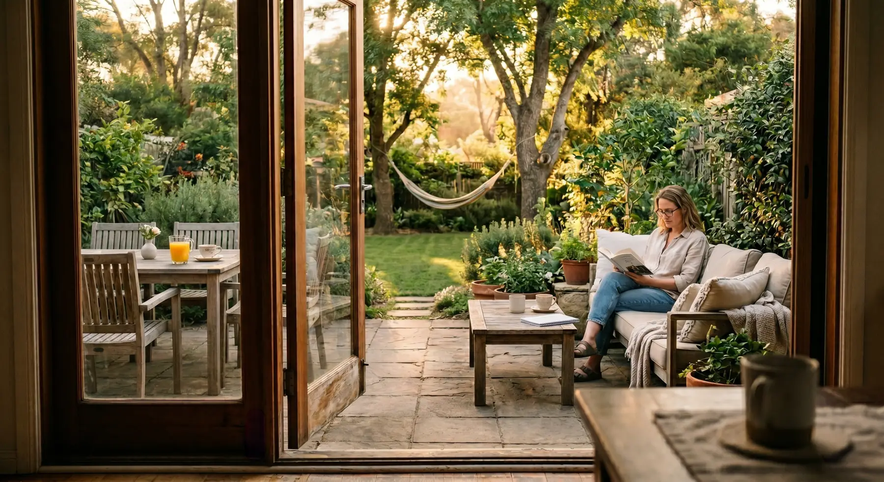 Looking out through open timber doors to a stone-paved courtyard where a woman reads on an outdoor sofa in late afternoon light